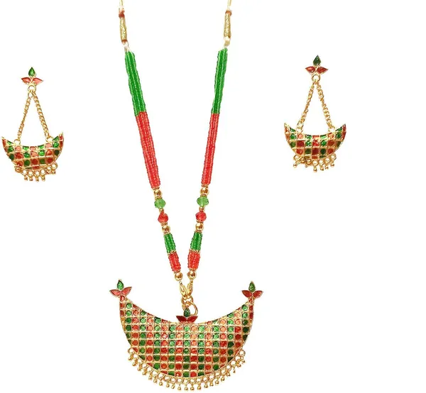 Assamese_Traditional_Gold_Plated_Red_Green_Colour_Tassel_Jewellery_Set_For_Women